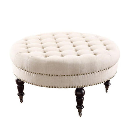 Fabric Upholstered Round Tufted Ottoman with Wood